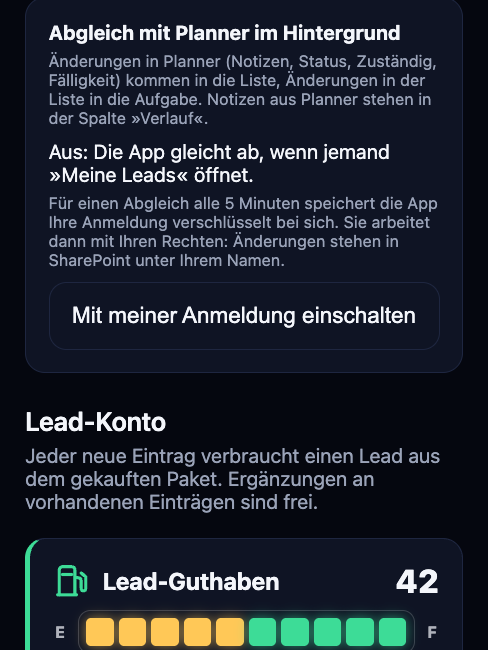 Karte Abgleich mit Planner im Hintergrund mit dem Knopf Mit meiner Anmeldung einschalten