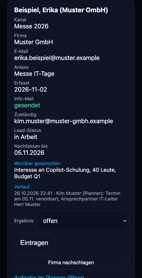 Lead unter Meine Leads mit Worüber gesprochen, Verlauf mit der Notiz von Kim Muster aus Planner und Auswahl Ergebnis