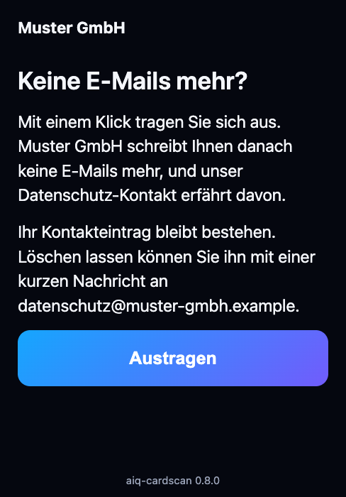 Seite hinter dem Link in der Mail: Keine E-Mails mehr? mit dem Knopf Austragen