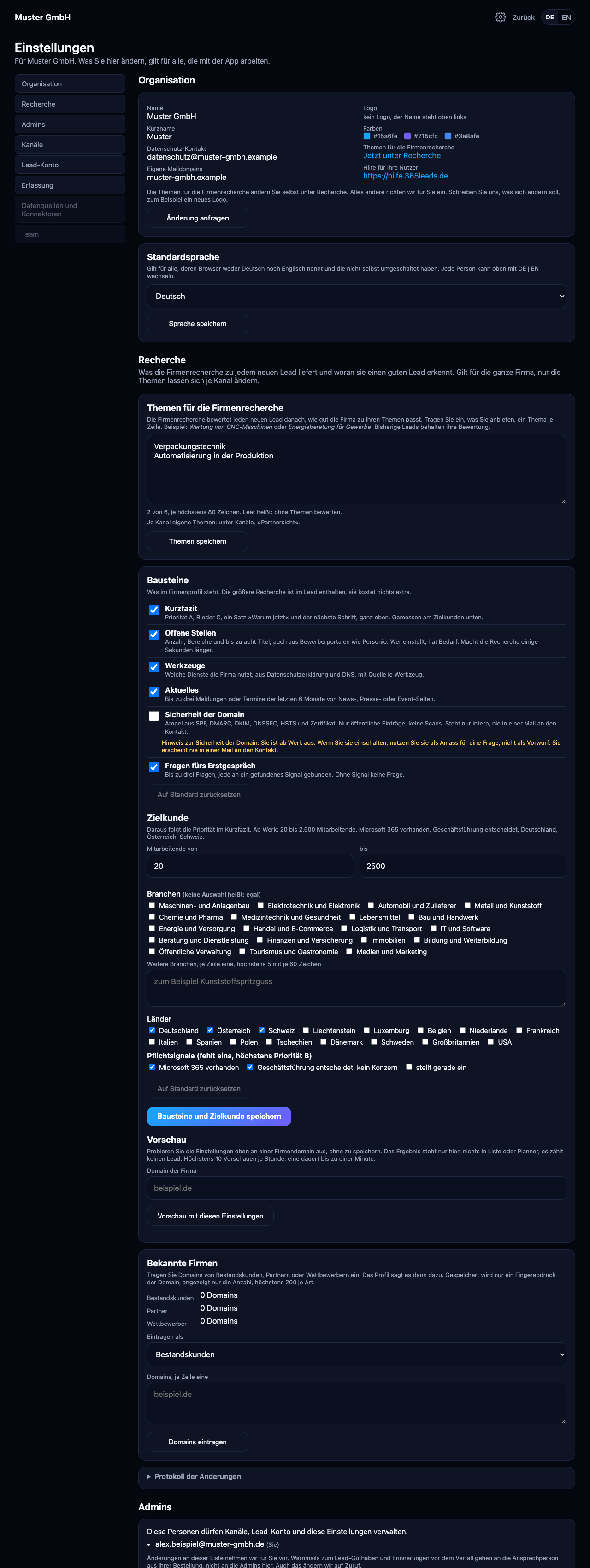 Seite Einstellungen am PC mit Navigation links und den acht Abschnitten