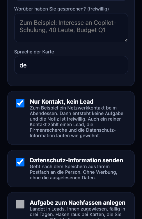 Prüfseite mit Haken bei Nur Kontakt, kein Lead, Notiz freiwillig, Aufgabe ausgegraut