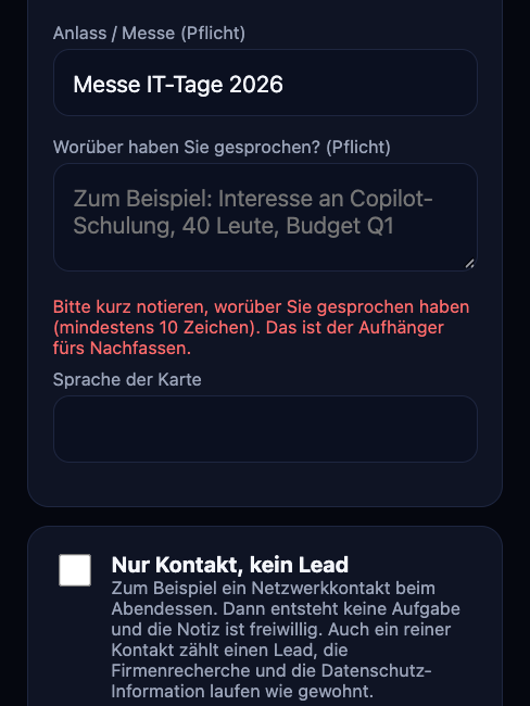 Prüfseite mit leerem Feld Worüber haben Sie gesprochen? und rotem Hinweis darunter
