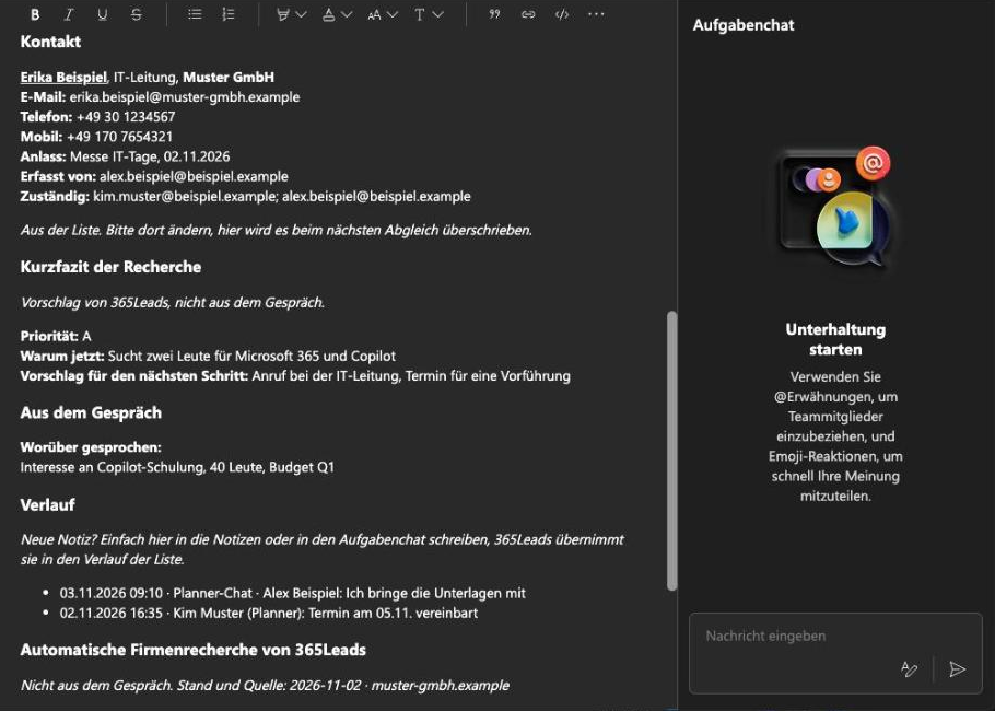 Aufgabe im Planner mit den Überschriften Kontakt, Kurzfazit der Recherche, Aus dem Gespräch und Verlauf, Beispiel Erika Beispiel von der Muster GmbH