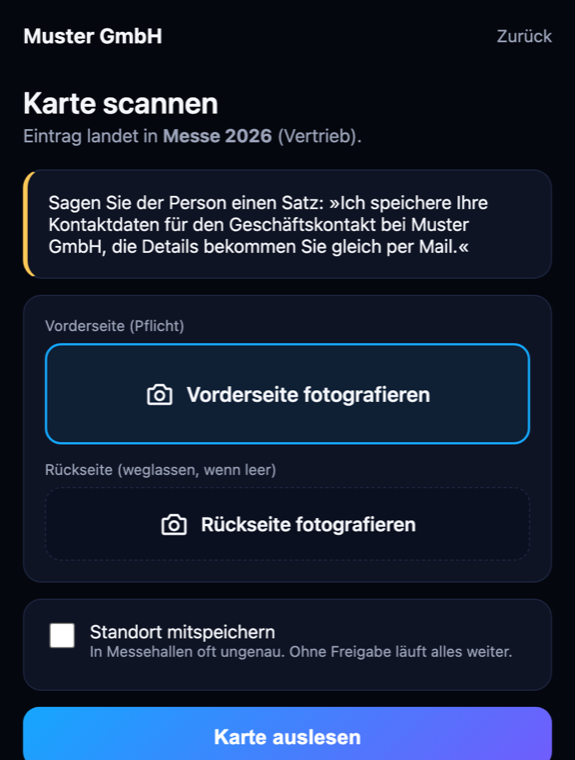 Seite Karte scannen mit den Knöpfen Vorderseite und Rückseite fotografieren