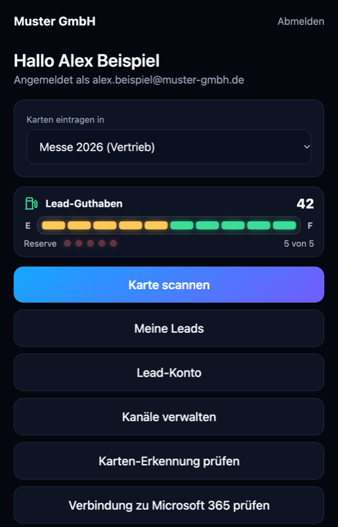 Startseite mit Kanalauswahl, Lead-Guthaben und dem Knopf Karte scannen