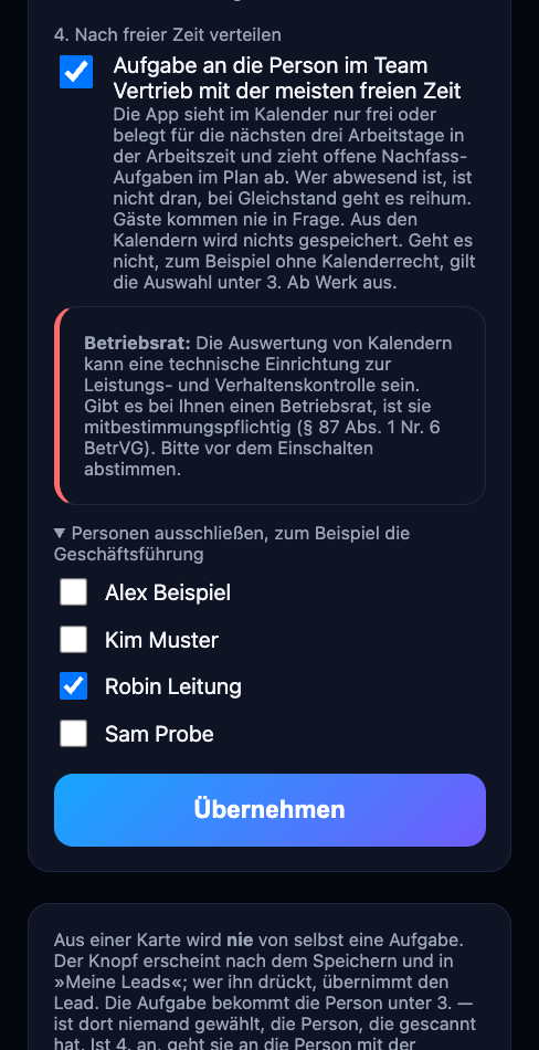 Aufgaben-Ziel mit Punkt 4 Nach freier Zeit verteilen, Hinweis Betriebsrat und Liste zum Ausschließen