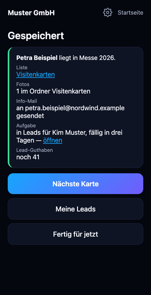 Seite Gespeichert mit der Zeile Aufgabe in Leads für Kim Muster