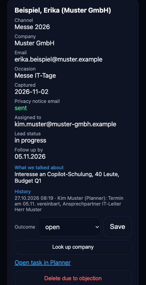 Lead under My leads with What we talked about, history with the note from Kim Muster from Planner and the result selection