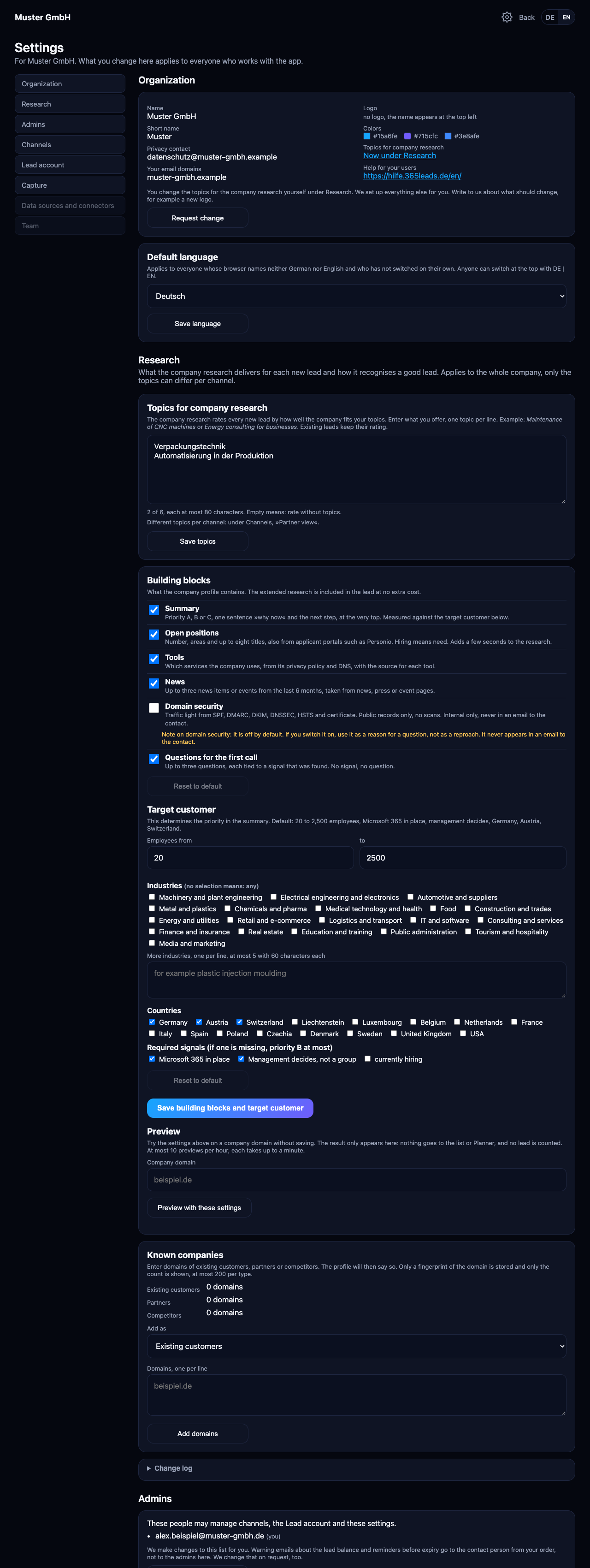 Settings page on the PC with navigation on the left and the eight sections