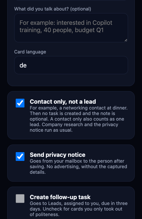Check page with Contact only, not a lead ticked, note optional, task greyed out