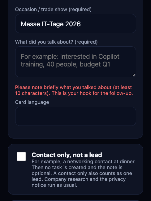 Check page with an empty What did you talk about? field and a red hint below it