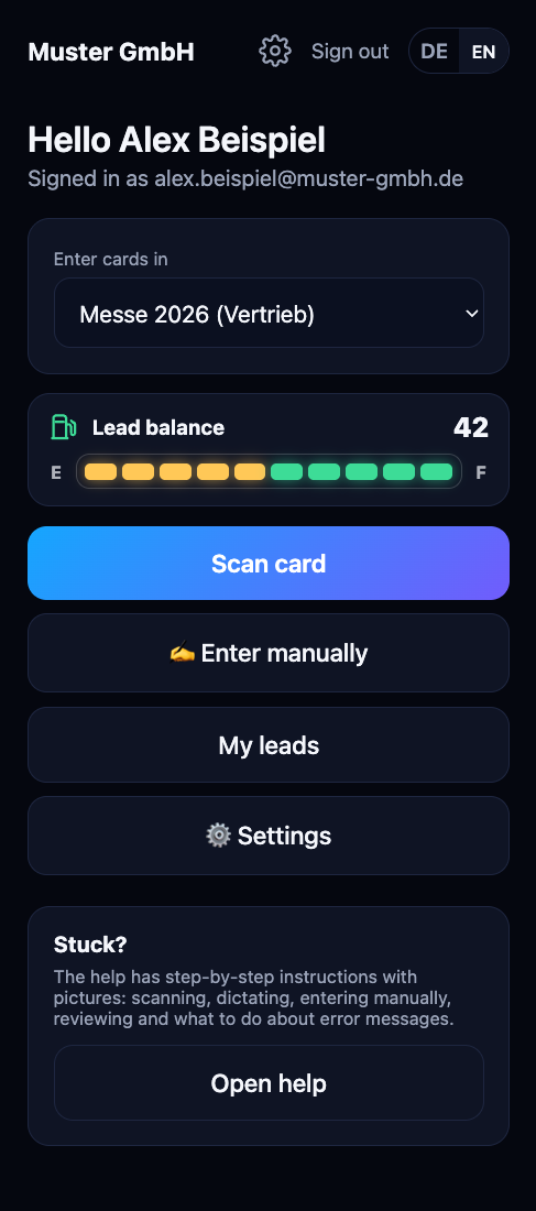 Start page with channel selection, lead balance and the Scan card button