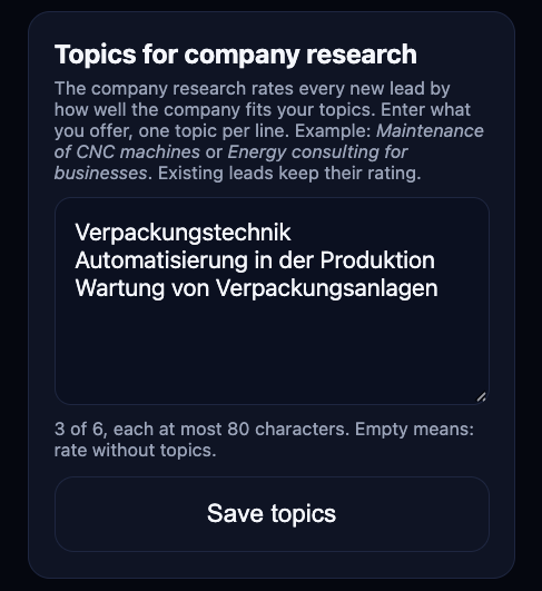 Field topics for company research with three topics, counter 3 of 6 and the Save topics button