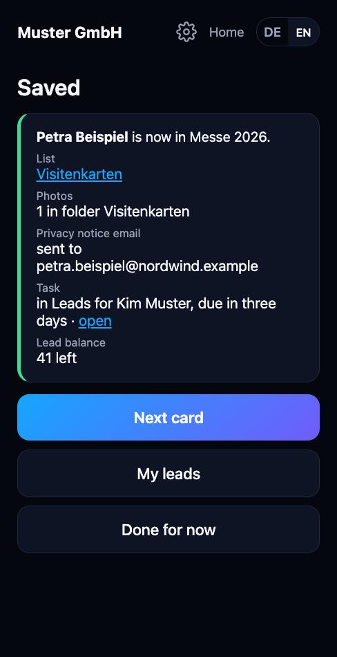 Saved page with the line task in Leads for Kim Muster